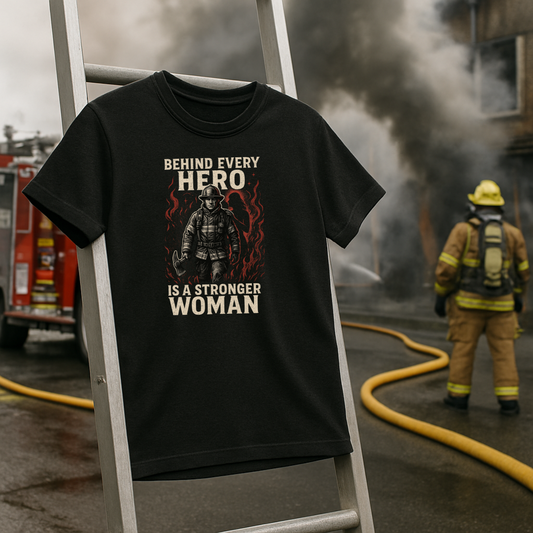 Behind Every Hero Is a Stronger Woman T-Shirt – Firefighter Wife Edition