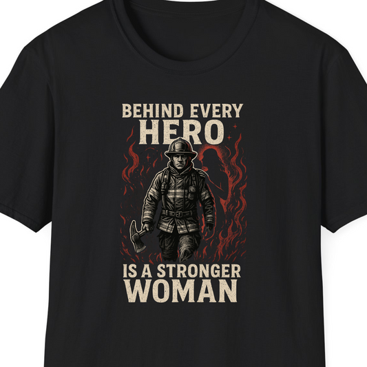 Behind Every Hero Is a Stronger Woman T-Shirt – Firefighter Wife Edition