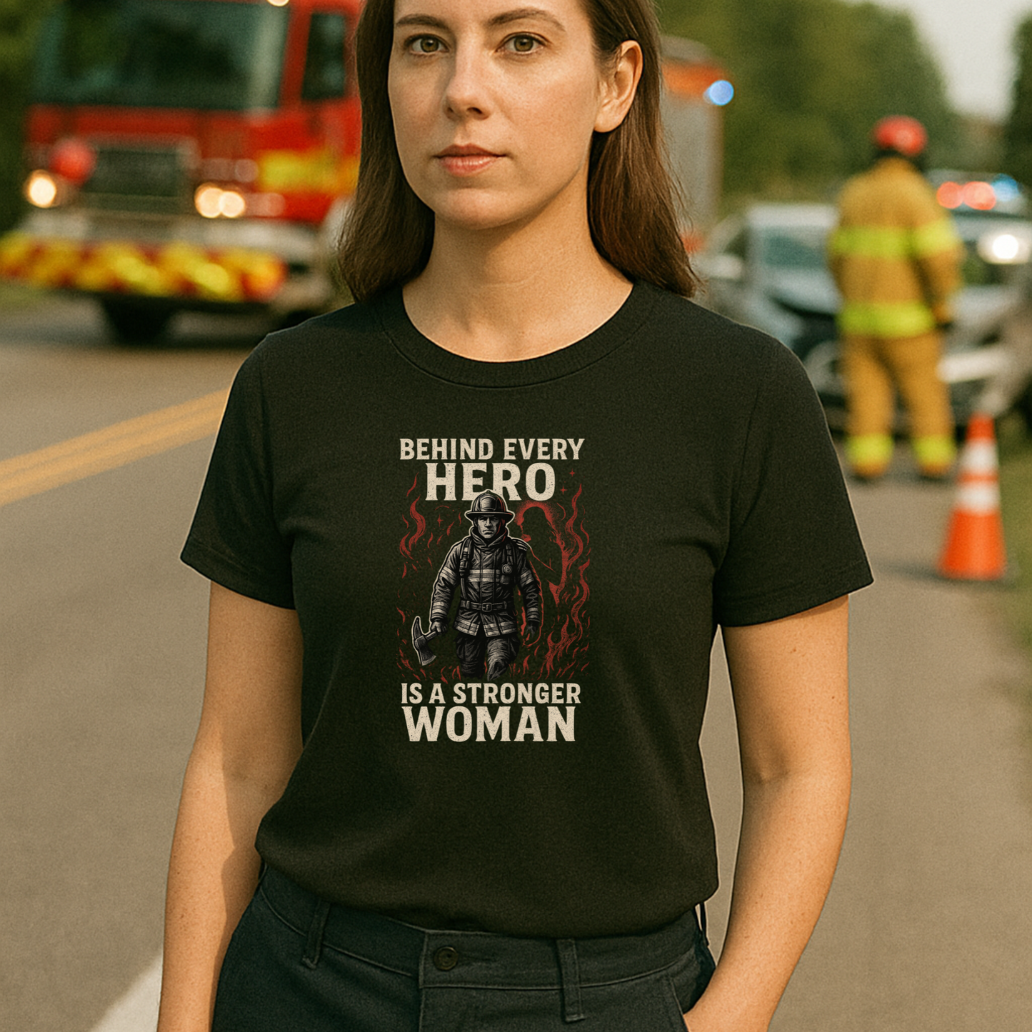 Behind Every Hero Is a Stronger Woman T-Shirt – Firefighter Wife Edition