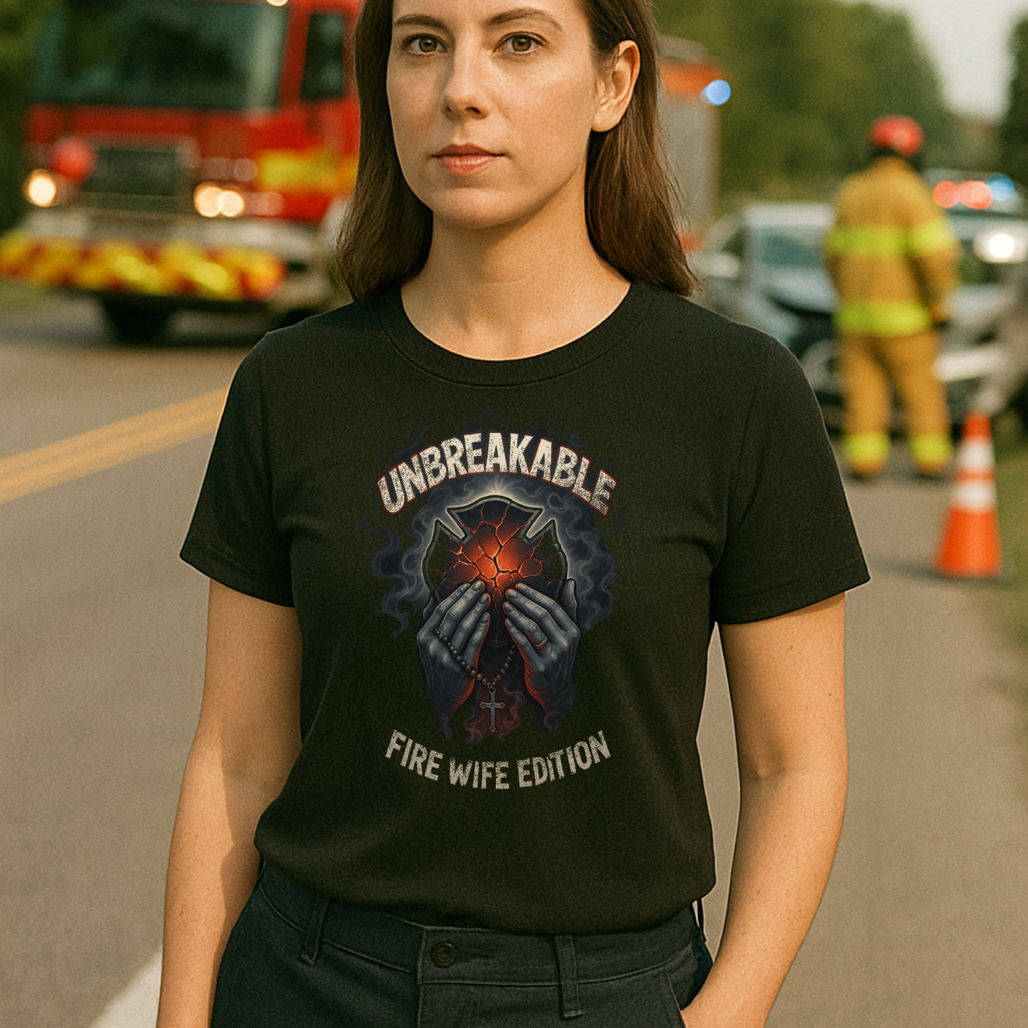 Unbreakable Fire Wife Edition T-Shirt – Faith, Strength, and Firefighter Pride