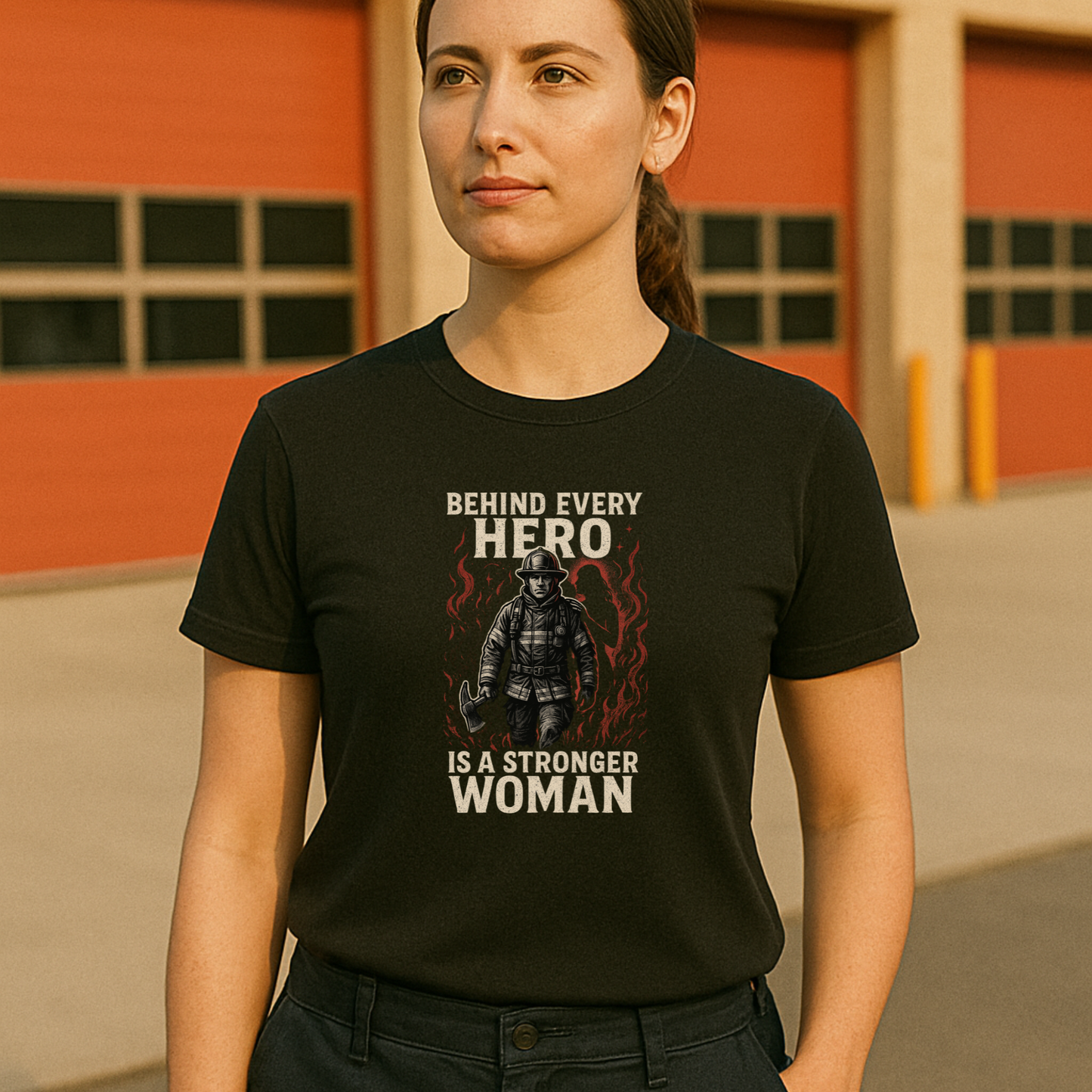 Behind Every Hero Is a Stronger Woman T-Shirt – Firefighter Wife Edition