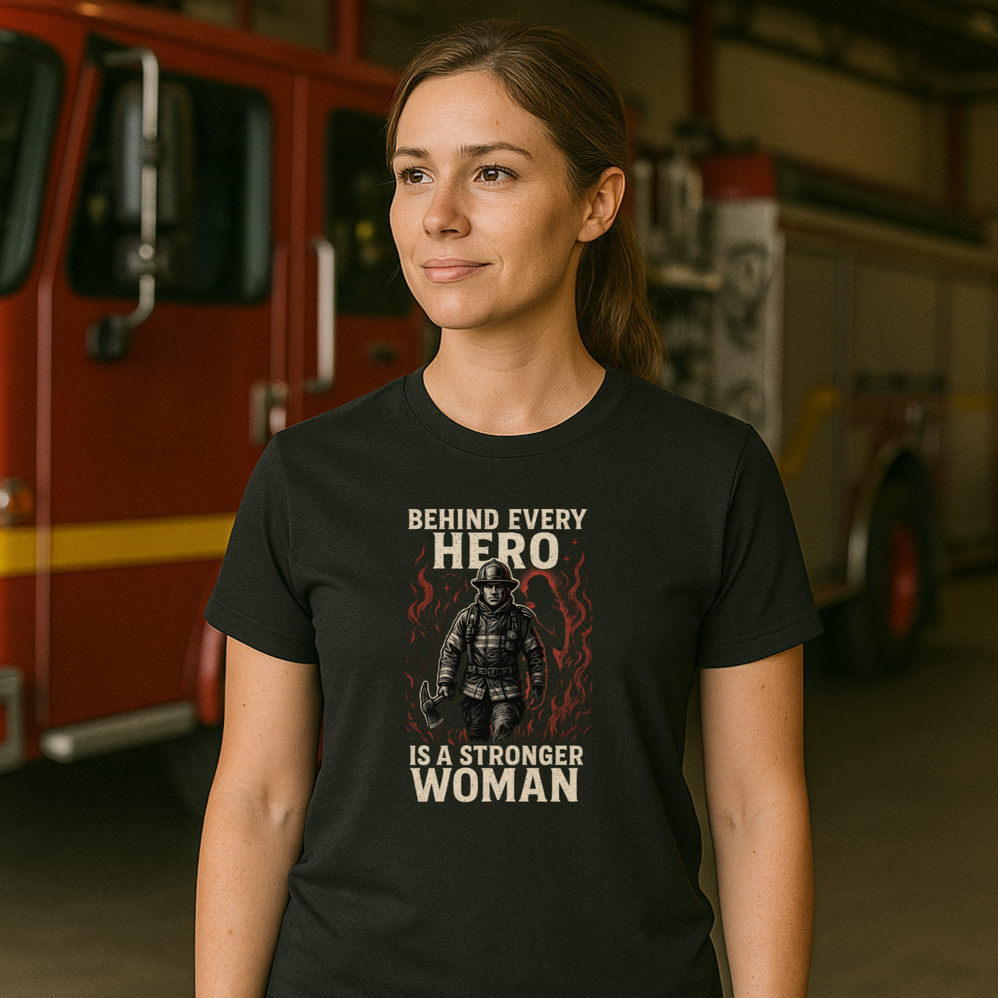 Behind Every Hero Is a Stronger Woman T-Shirt – Firefighter Wife Edition